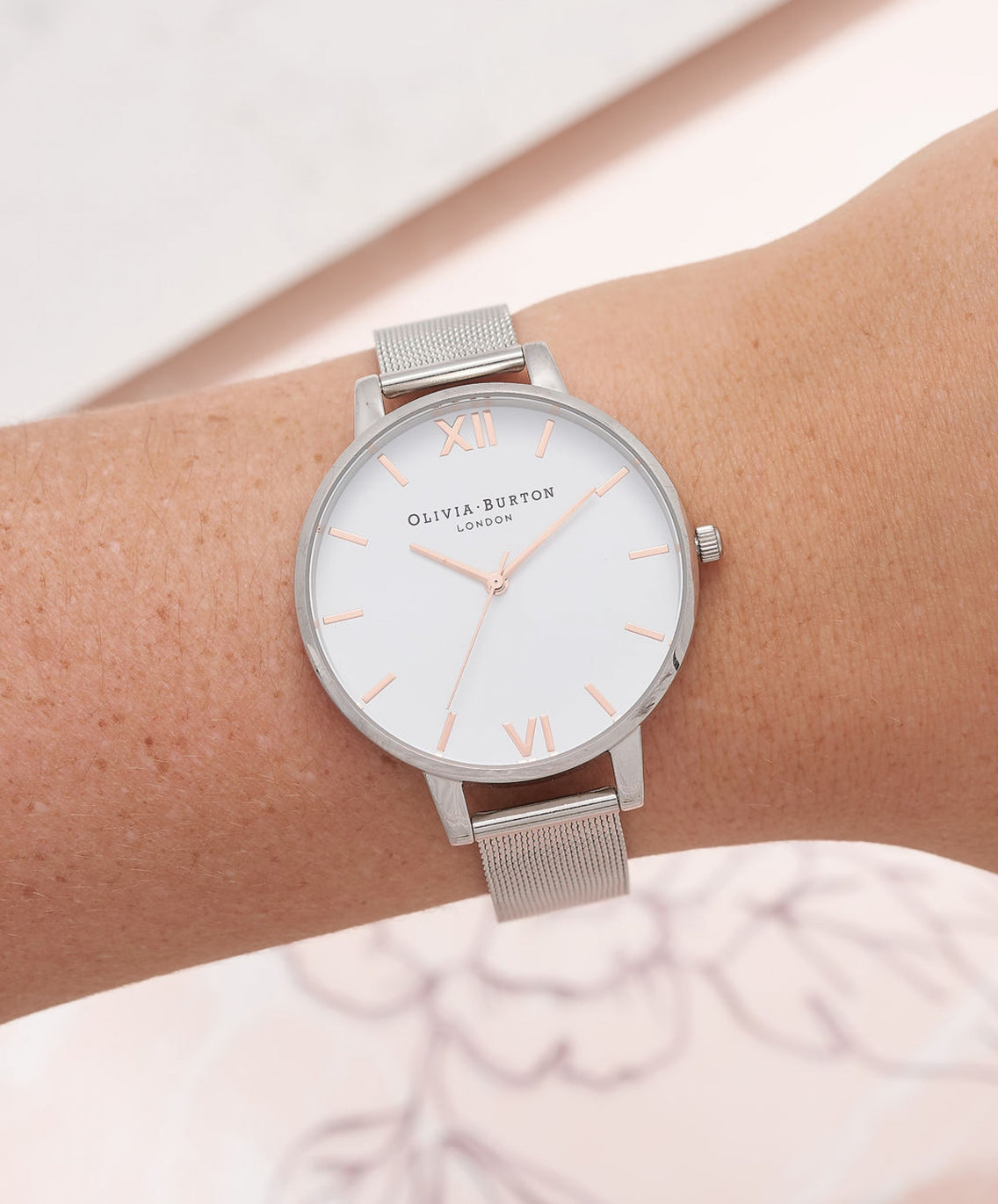 Olivia Burton White Dial Rose Gold & Silver Mesh Watch 38mm