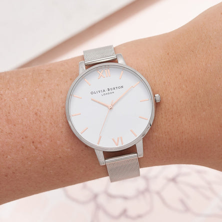 Olivia Burton White Dial Rose Gold & Silver Mesh Watch 38mm