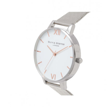 Olivia Burton White Dial Rose Gold & Silver Mesh Watch 38mm