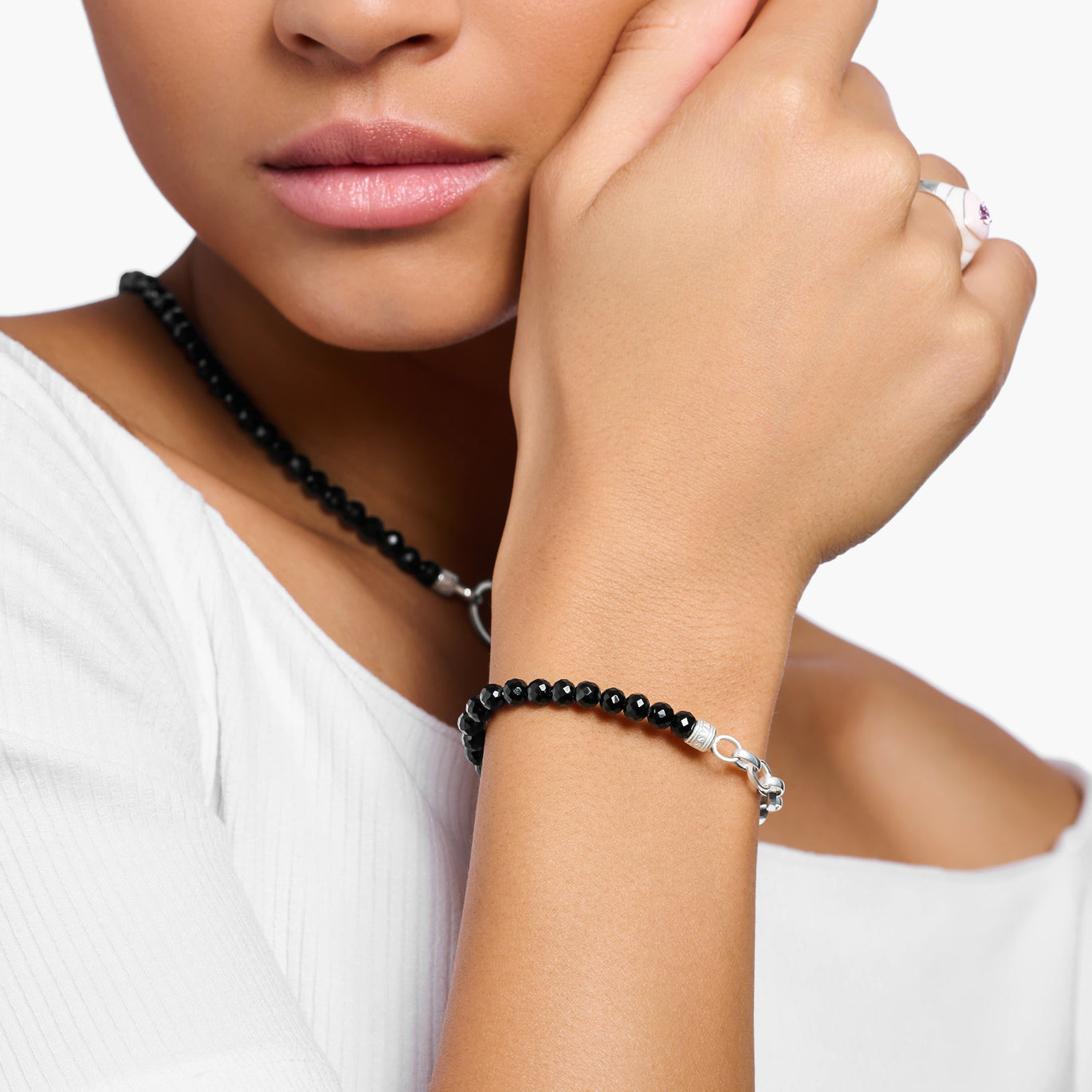 Thomas Sabo Silver Chain Link Bracelet With Black Onyx Beads