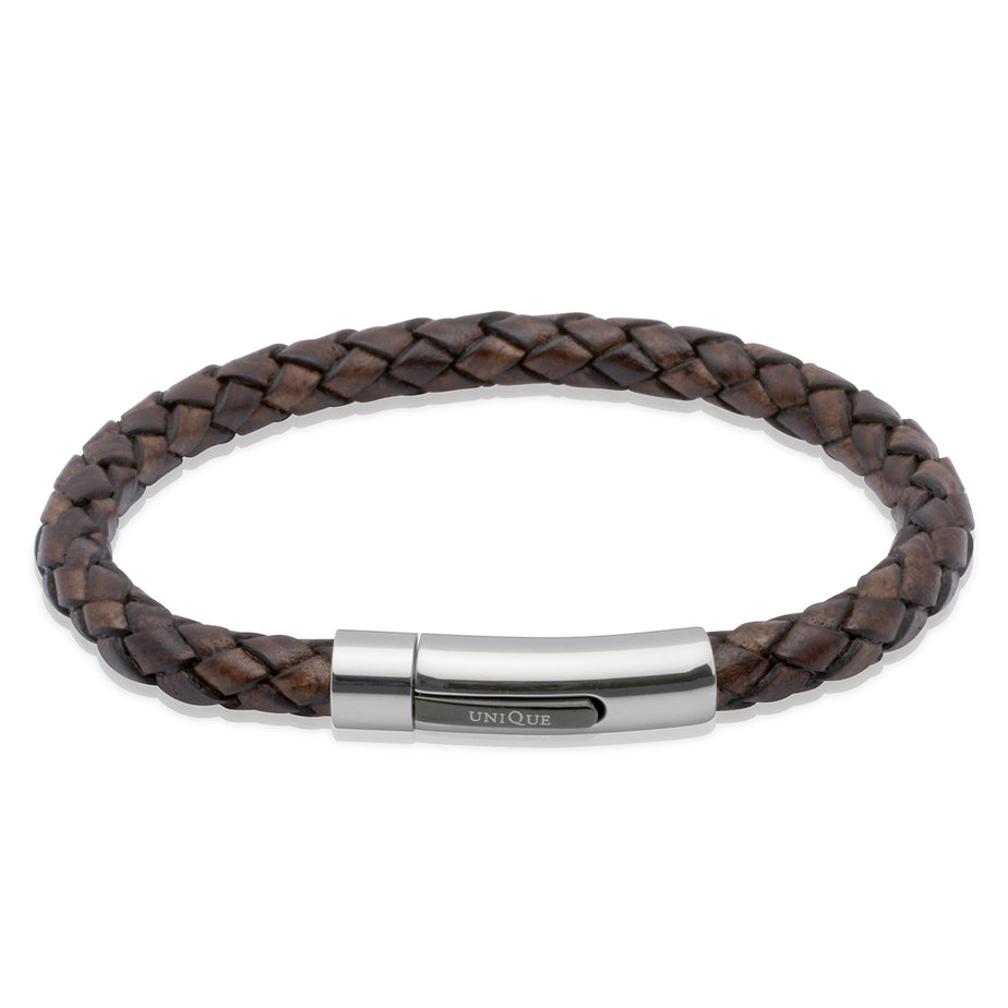 Mens Brown Woven Leather Bracelet