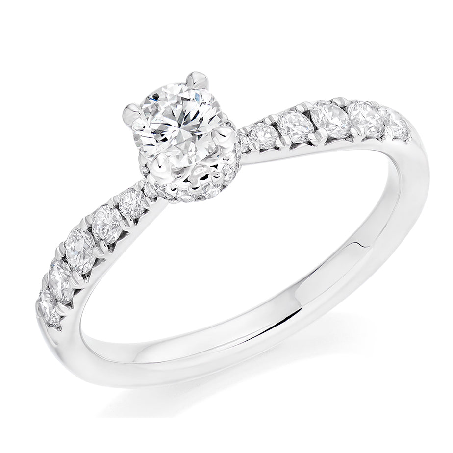 Platinum Solitaire Diamond With Under Halo & Diamond Shoulders Engagement Ring