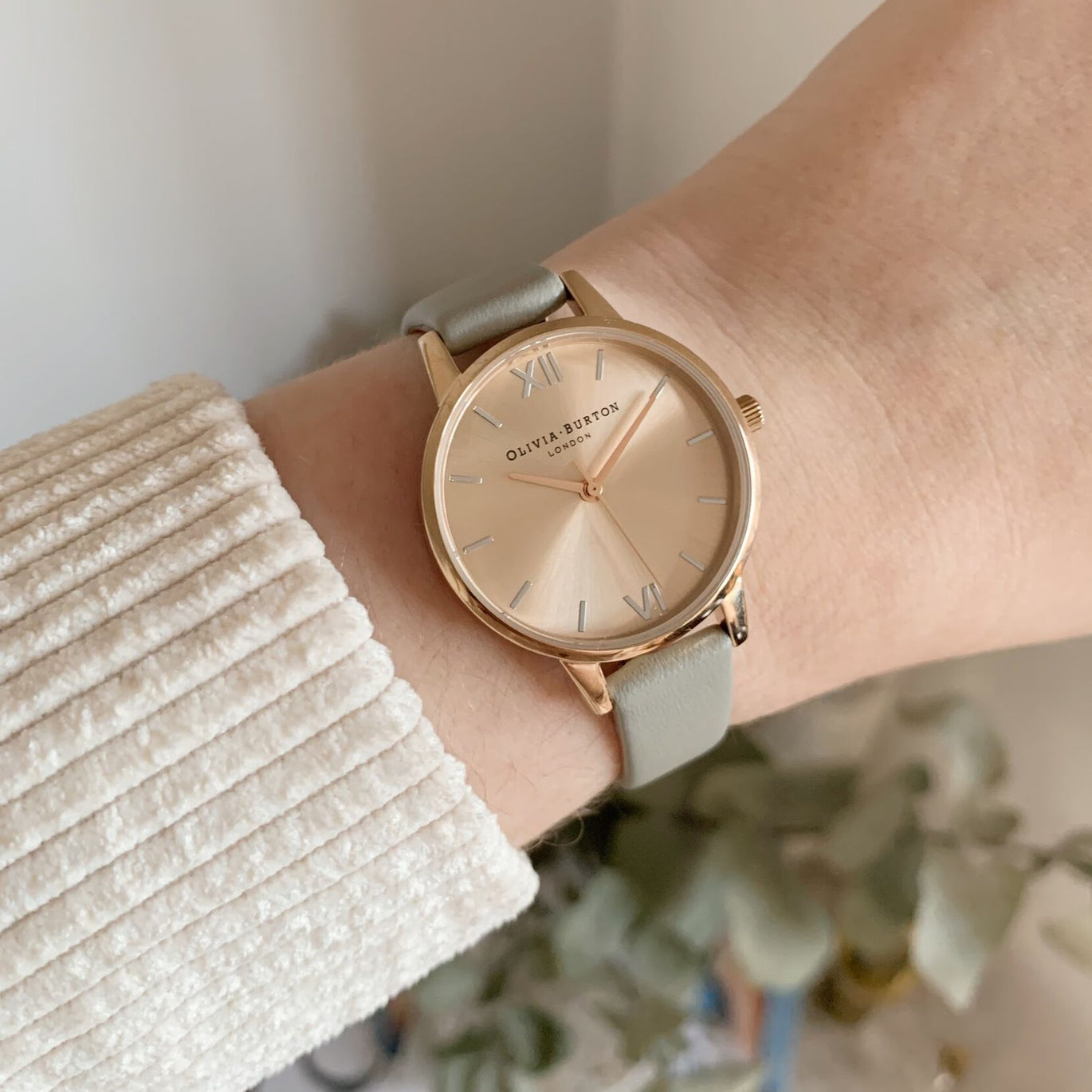 Olivia Burton The England Rose Gold & Grey Leather Strap Watch