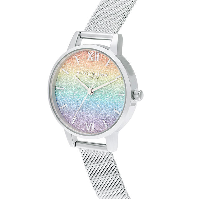 Olivia Burton Rainbow Glitter Midi Dial Silver Mesh Watch