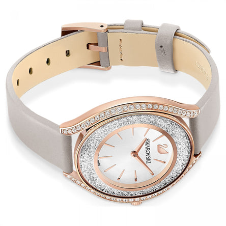 Swarovski Crystalline Aura Watch, Rose-Gold Tone, Grey Leather Strap