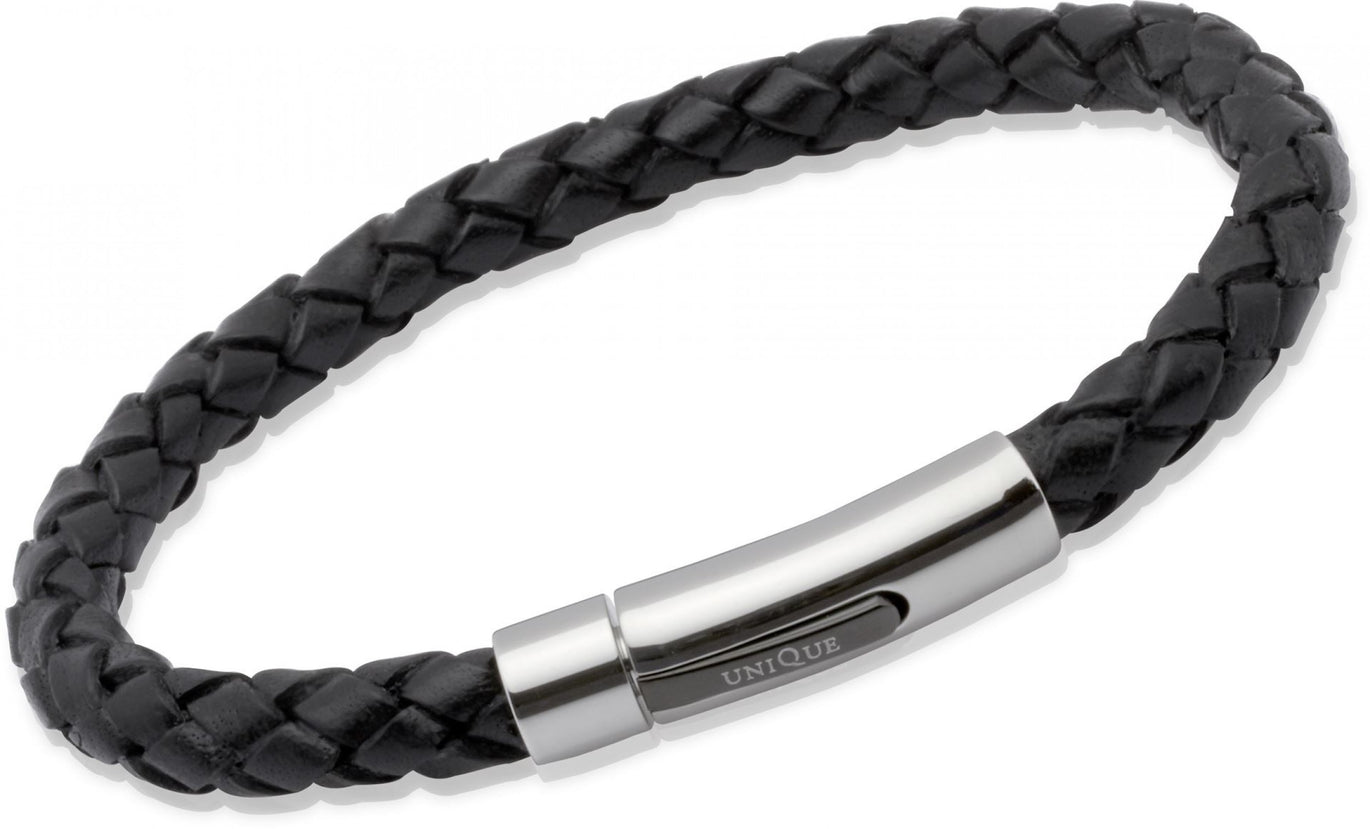Mens Black Woven Leather Bracelet