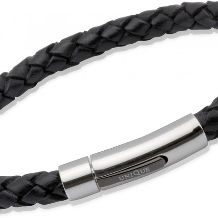 Mens Black Woven Leather Bracelet