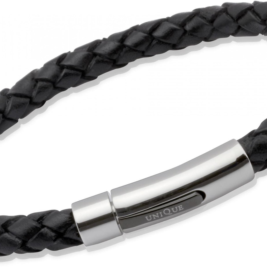 Mens Black Woven Leather Bracelet