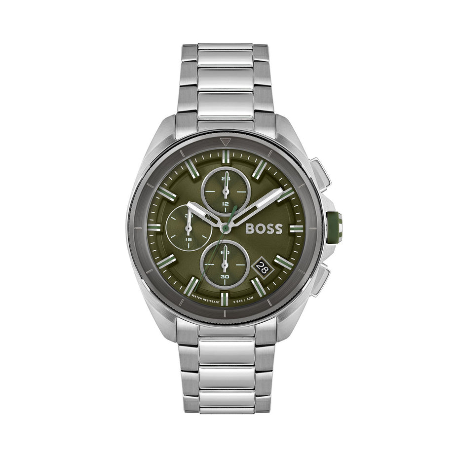 Boss Men's Olive Green Volane Chronograph Watch with Link Bracelet
