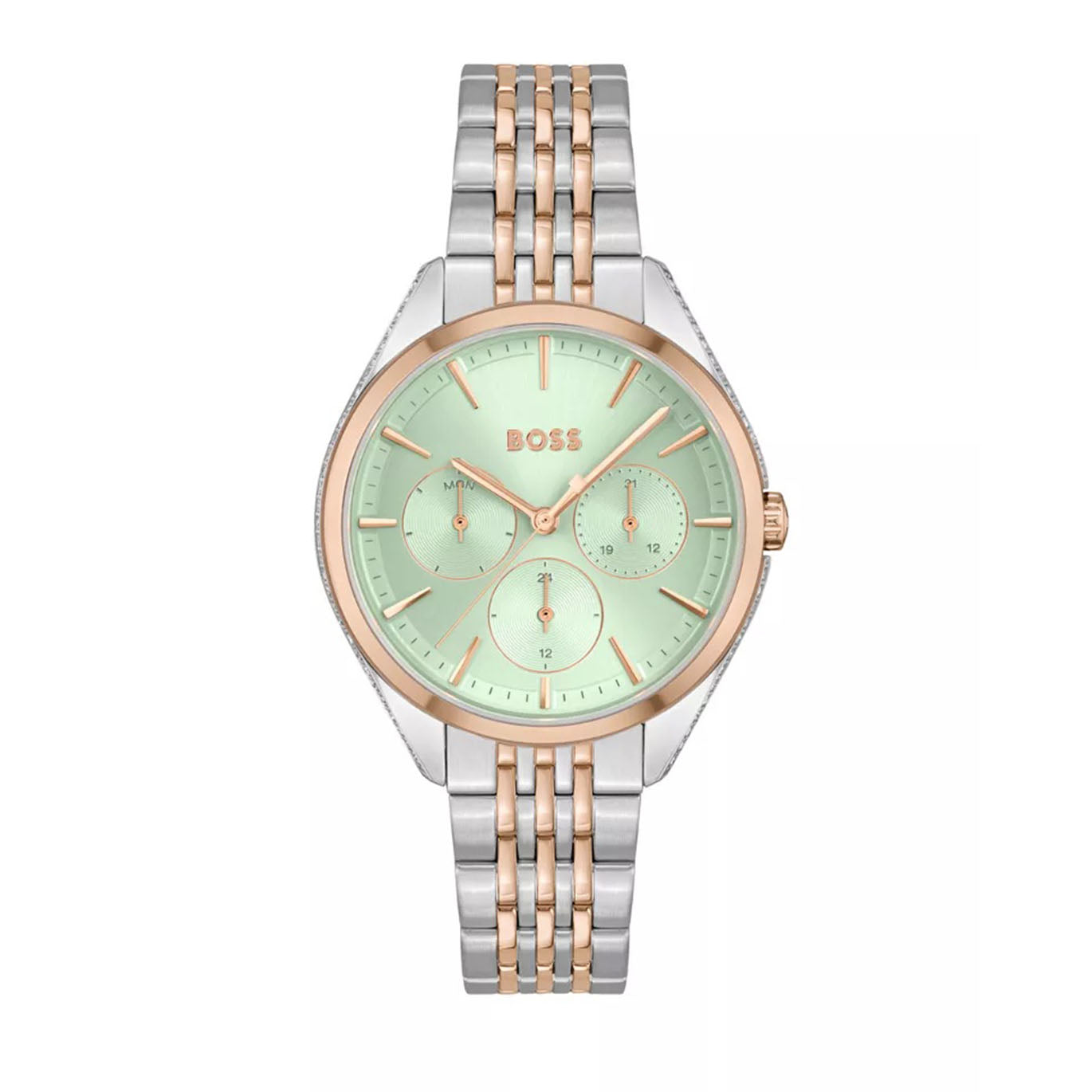 Boss Ladies Two Tone Green Dial with Crystal Studs Watch